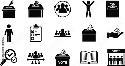 Election and Voting Icons Set Collection: Democracy, Poll, Ballot Box, Candidate, Citizens Group, Political Campaign, Vote Count, Government, Law, Rights, Choice, Registration, Clipboard,