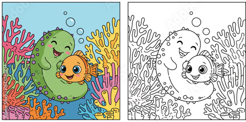 Cute cartoon sea cucumber and clownfish hugging underwater. Happy ocean animals best friends vector illustration with colorful coral reef background for kids.