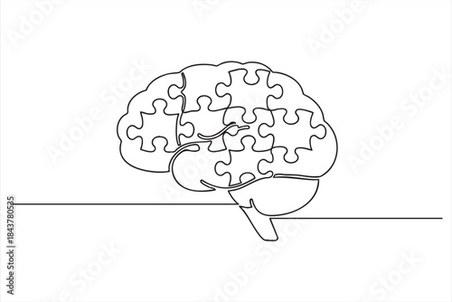 Continuous line drawing of a human brain composed of interconnected puzzle pieces, symbolizing complex thought and autism awareness