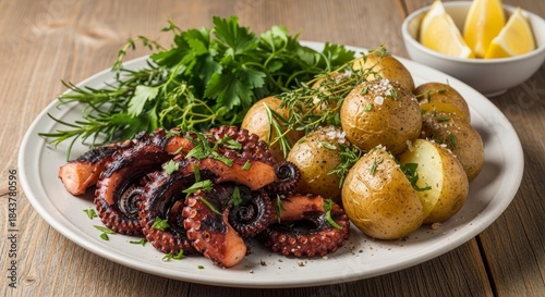 Grilled octopus and potatoes with fresh herbs on rustic wooden table