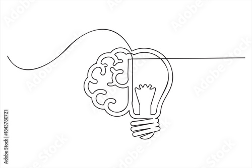 Continuous line drawing of brain and light bulb representing creative thinking and innovative ideas