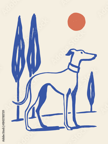 Greyhound dog in landscape minimal naive art vector illustration