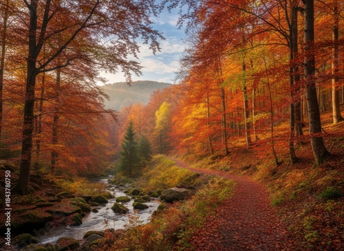 Autumn Forest Path with Colorful Leaves and Calm River Scenery