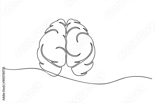 Continuous line drawing of human brain with flowing lines representing thought process and mental connections