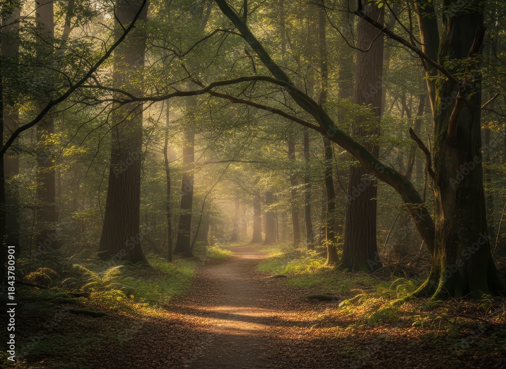Obraz premium Serene Sunlit Forest Pathway Surrounded by Lush Greenery