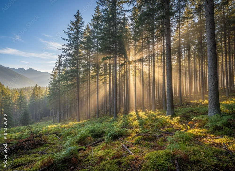Obraz premium Serene Forest Scene with Sunlight Filtering Through Tall Trees