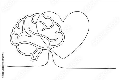 Continuous line drawing of a human brain and heart representing the connection between mind and emotion
