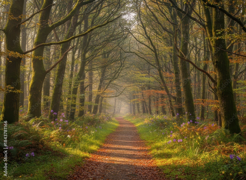 Fototapeta premium Serene Pathway Through Lush Forest with Bright Autumn Colors