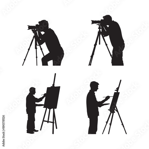Set of four silhouettes two photographers with tripods and two artists painting on easels, isolated on white background