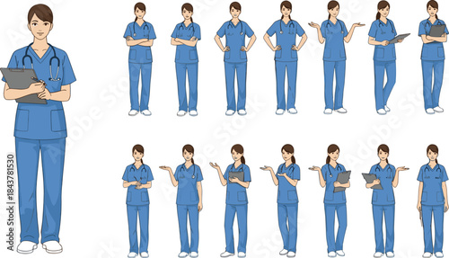 Professional Female Nurse Vector Illustration Set, Various Poses and Gestures, Full Body Medical Staff Character Holding Clipboard, Healthcare Worker in Blue Scrubs, Communication, 