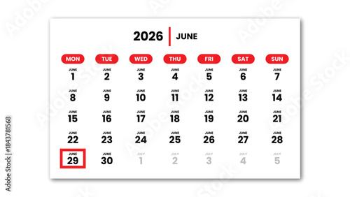 The date June 29th, 2026 marked with a red cursor on the wall