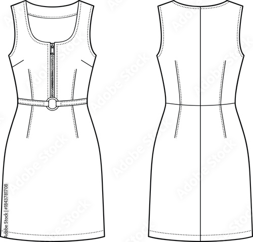 Women's sleeveless fitted dress technical flat vector illustration front and back view fashion apparel design template for clothing manufacturing