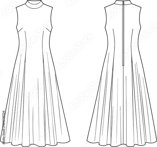 Women's sleeveless maxi dress technical flat vector illustration front and back view elegant fashion apparel design template for clothing production