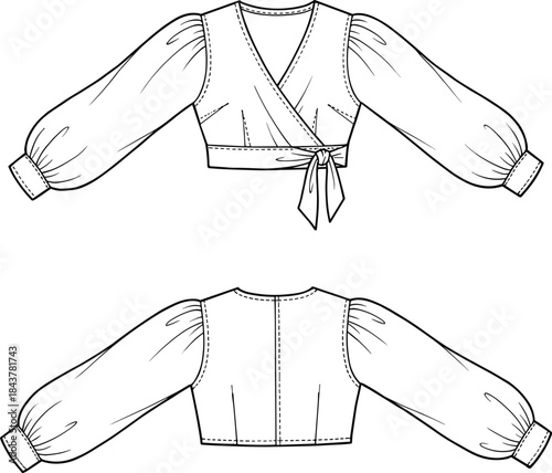 Women's wrap crop blouse technical flat vector illustration front and back view fashion apparel design template for clothing manufacturing production