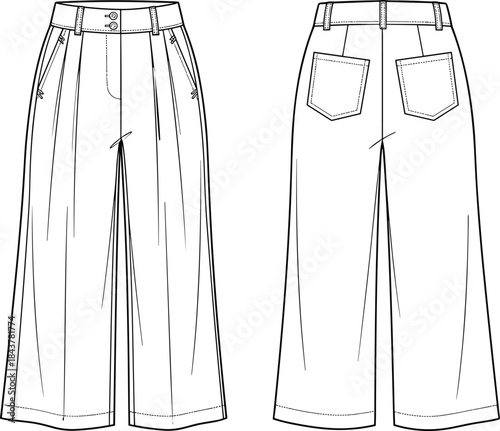 Women's wide leg trousers technical flat vector illustration front and back view fashion apparel design template for clothing manufacturing production