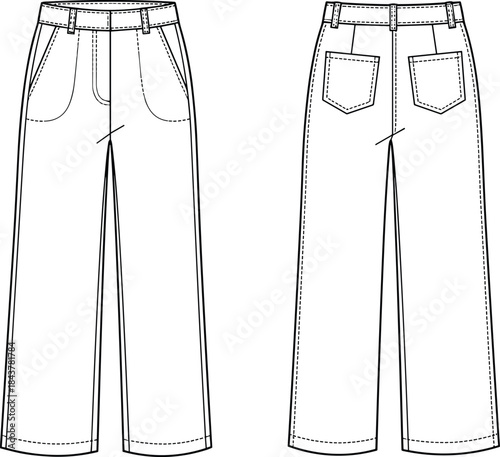 Women's straight leg pants technical flat vector illustration front and back view fashion apparel design template for clothing manufacturing production