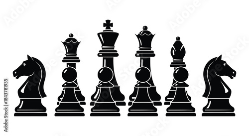 A collection of black chess pieces arranged in a single row formation