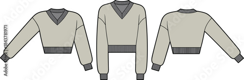 Women cropped sweater technical fashion flat vector illustration front side back view knitwear garment design template apparel production