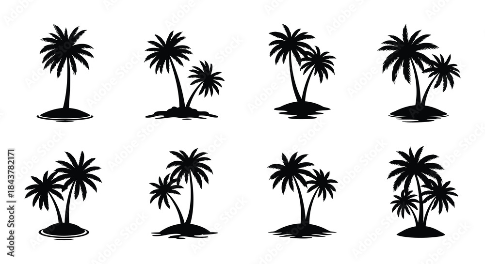 Naklejka premium A collection of black silhouette tropical palm trees on small islands