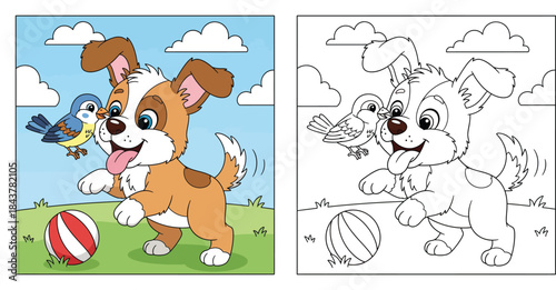 Cute cartoon puppy playing with a ball and a blue bird in the park. Happy dog and small bird best friends having fun outdoors vector illustration for kids.