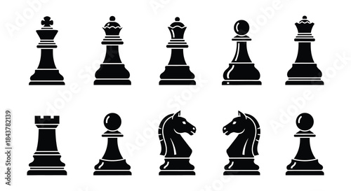 A collection of black chess pieces arranged in a single row formation