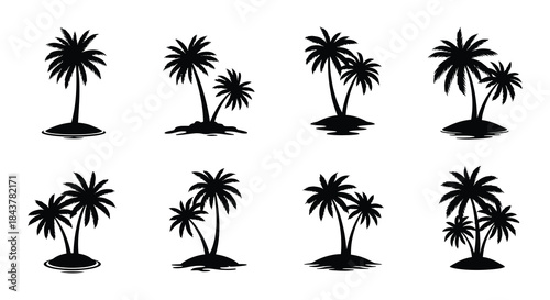 A collection of black silhouette tropical palm trees on small islands