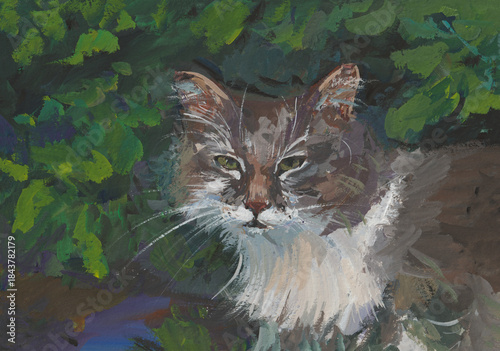 Wallpaper Mural Grey cat gouache painting. Horizontal author's handwritten postcard. A green-eyed tabby cat poses in the park. Modern painting. A funny cute kitten for postcards, notebooks, packages. Handmade work Torontodigital.ca