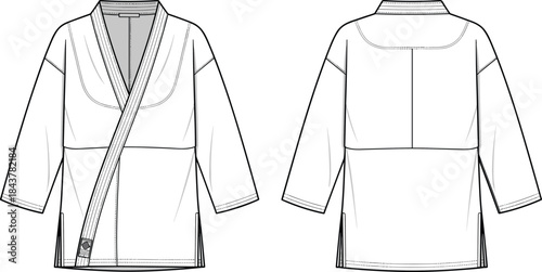 Wrap style jacket technical sketch front back view modern outerwear fashion design cad drawing flat vector illustration template