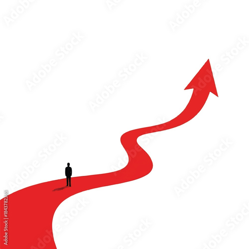 A lone figure walks along a winding red path leading upwards to a large arrow