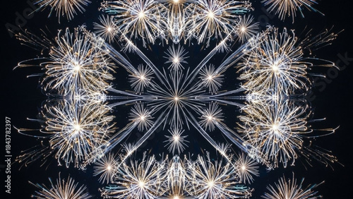 Vibrant fireworks exploding in the night sky with symmetrical patterns