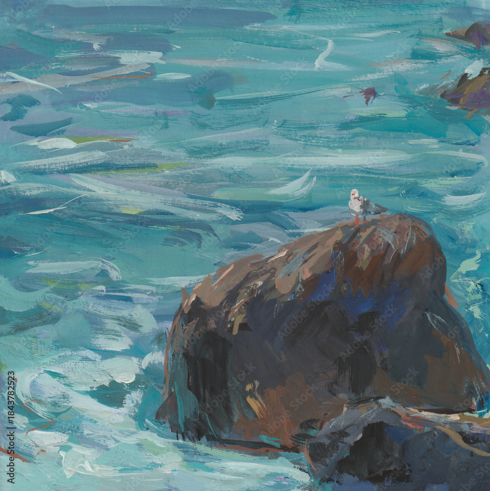 custom made wallpaper toronto digitalSeagull gouache painting. A white lonely seagull sits on a rock by the blue sea. The sea wave is turquoise. A hand-drawn sea story. The image of birds in painting. Artistic composition for design