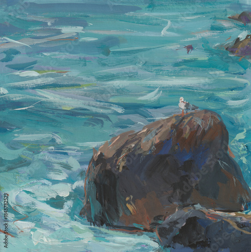 Wallpaper Mural Seagull gouache painting. A white lonely seagull sits on a rock by the blue sea. The sea wave is turquoise. A hand-drawn sea story. The image of birds in painting. Artistic composition for design Torontodigital.ca