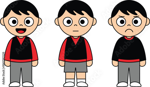 Cartoon child character with happy, neutral, and angry expressions in different outfits and poses - flat vector illustration