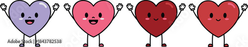 Cartoon heart characters with smiling faces, raised arms, and glossy highlights in playful poses - flat vector illustration