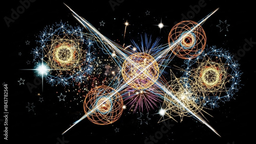 Vibrant abstract art with glowing orbs and lines on