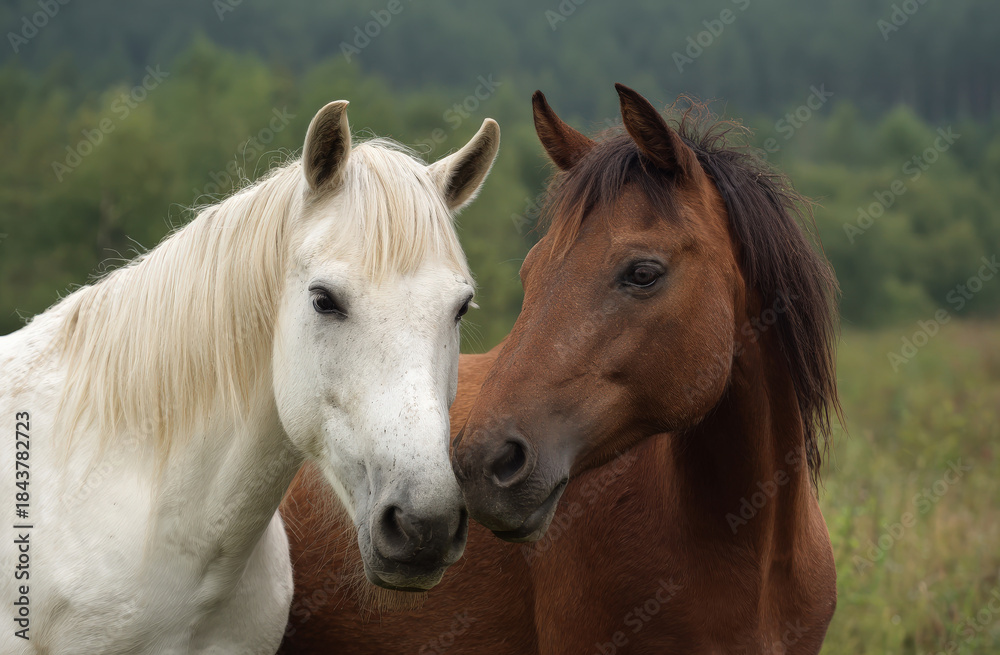Fototapeta premium White and brown horses standing close together in a green meadow with a forest background