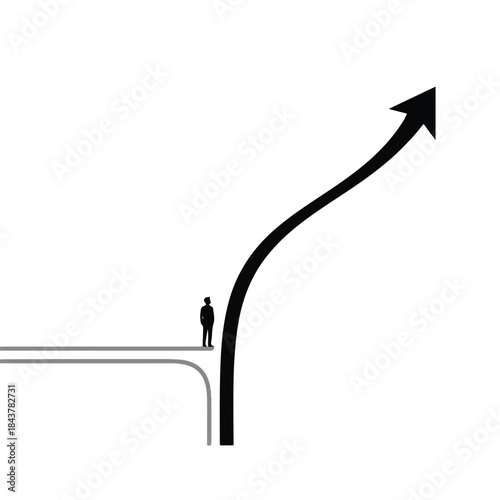 A solitary figure contemplates a diverging path, symbolizing decision-making and future possibilities on a stark white background