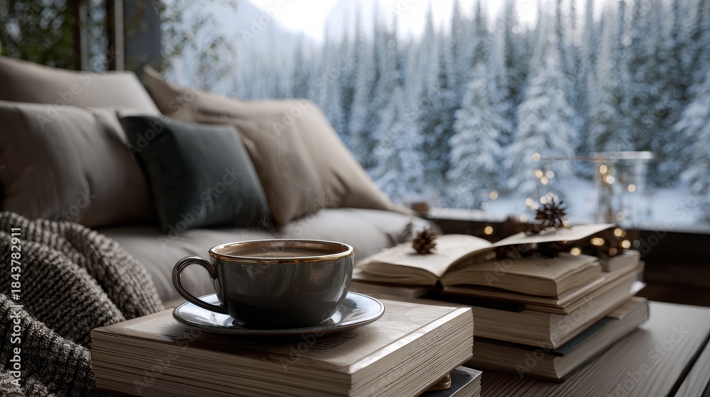 Obraz premium a cup of coffee rests on old books creating a cozy atmosphere in a modern living room with a winter forest view