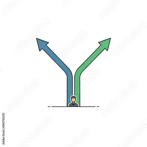 Conceptual illustration of a person facing a decision with two diverging paths, representing choices and opportunities