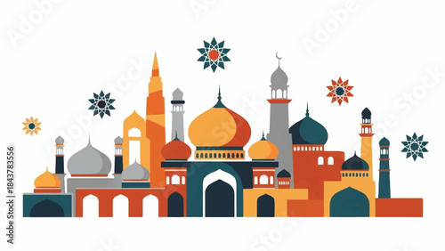 Islamic architecture skyline illustration featuring mosques and cultural motifs