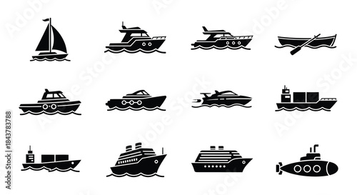 A collection of various black silhouette marine vessels and nautical equipment