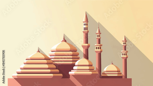 Stylized Flat Design Illustration of a Traditional Middle Eastern Cityscape with Domes and Minarets, Capturing Architectural Grandeur and Cultural Heritage in Warm Hues