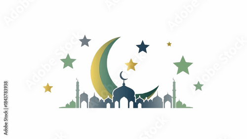 Ramadan Mubarak Crescent Moon and Mosques Islamic Celebration Greeting