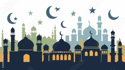 Peaceful Islamic city silhouette with mosques, crescents, and stars, reflecting spiritual celebration and cultural tradition