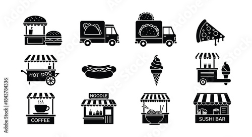Variety of street food carts and snacks in simple black and white icons