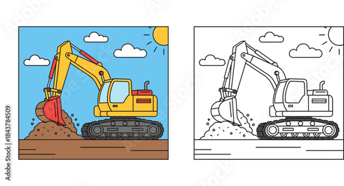Cartoon yellow excavator digging soil. Vector illustration of a construction vehicle with a red bucket working on a site with blue sky and sun background.