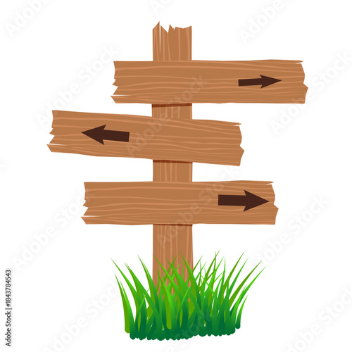 Wooden pathfinding sign. Arrow rustic sign boards, direction sign border flat isolated vector illustration. Wood sign board on white