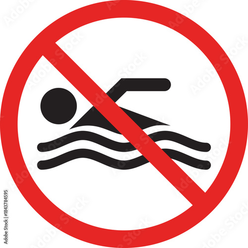 No swimming prohibition sign vector illustration of a person swimming with waves crossed out indicating a restricted area for water activities
