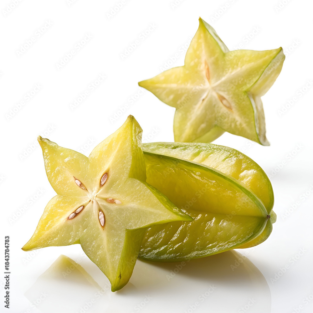 Fototapeta premium A vibrant starfruit carambola levitates gracefully against a pure white backdrop.