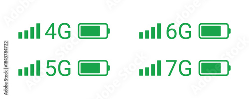 Green 4G 5G 6G 7G Signal and Battery Icons vector On Transparent Background